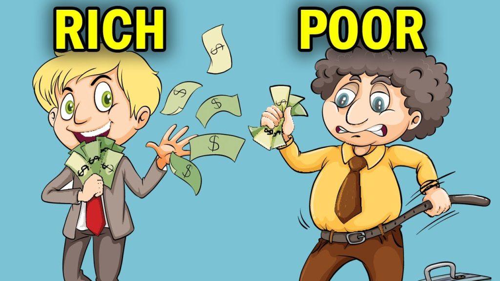 Comparison of rich mindset vs poor mindset habits leading to success or struggle